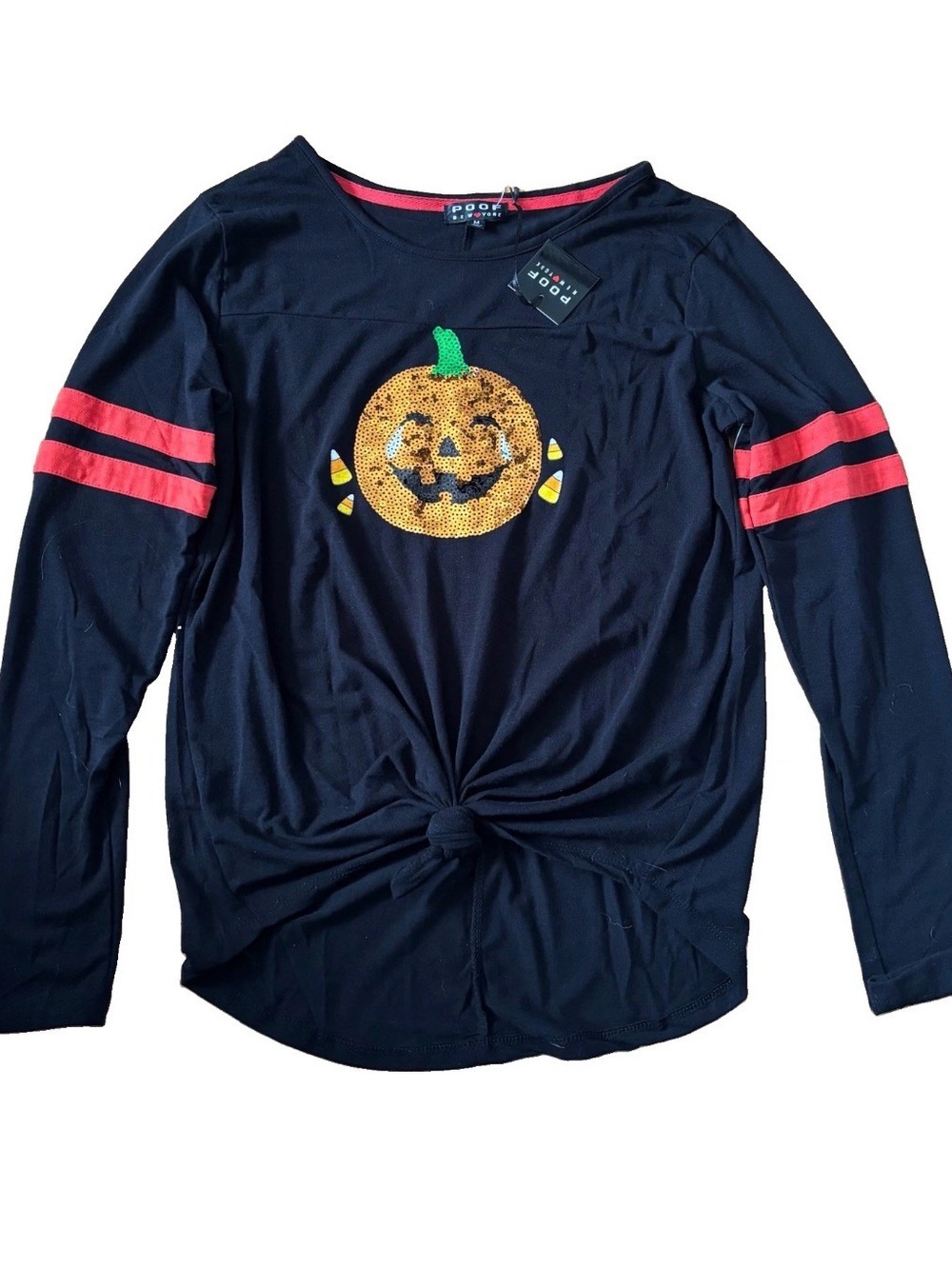 Poof New York Women’s Sequin Pumpkin Long Sleeve Tee - Black - Medium